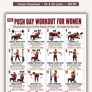 May include: A white workout chart titled PUSH DAY WORKOUT FOR WOMEN featuring 16 illustrated gym exercises for chest, shoulders, and triceps. The grid displays numbered steps with figures in maroon athletic wear performing movements with weights and machines.
