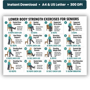 Lower Body Strength Exercises for Seniors, Leg Workout, Senior Exercise Printable PDF