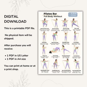 May include: Digital download Pilates bar full body workout guide. The printable PDF file includes exercises like squats, lunges, and rows. The guide is available in US Letter and A4 sizes. The exercises are demonstrated with illustrations.