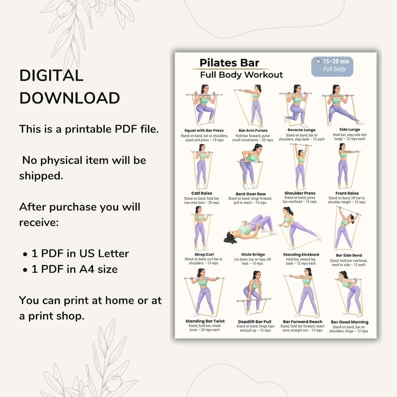 May include: Digital download Pilates bar full body workout guide. The printable PDF file includes exercises like squats, lunges, and rows. The guide is available in US Letter and A4 sizes. The exercises are demonstrated with illustrations.