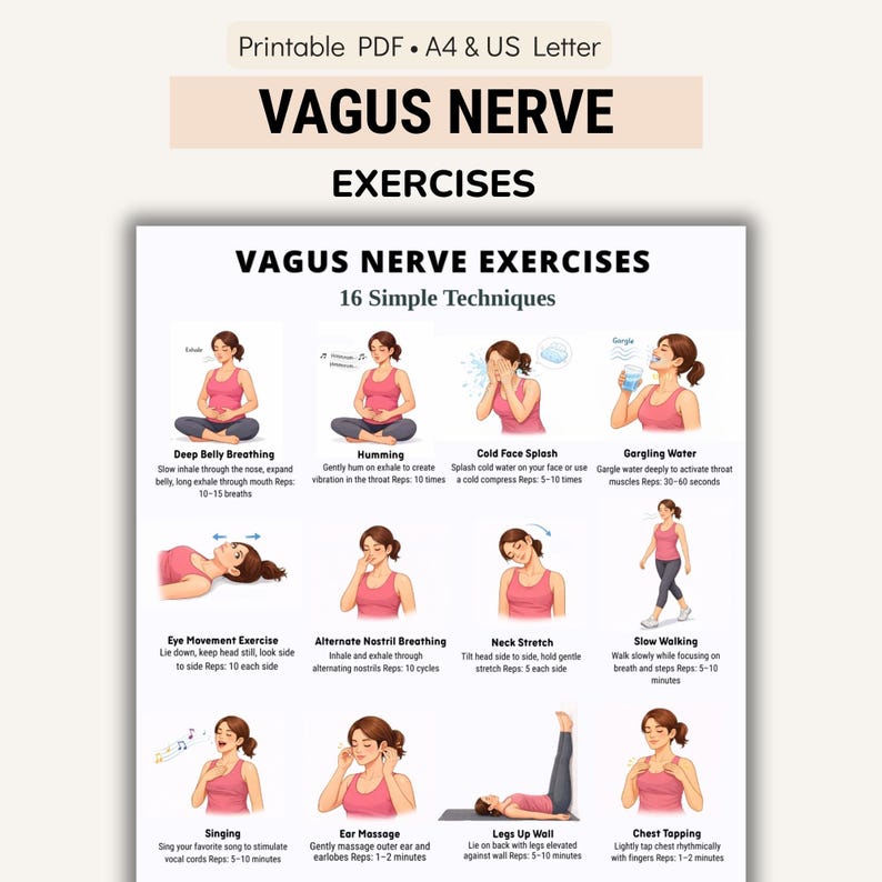Vagus Nerve Exercises Printable, Breathing and Relaxation Routine, Gentle Movement Exercises ...