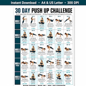 Puede incluir: Un cartel de desafío de flexiones de 30 días con una cuadrícula de instrucciones diarias e ilustraciones. El póster blanco incluye texto que detalla rutinas progresivas de fuerza para la parte superior del cuerpo durante cinco semanas.