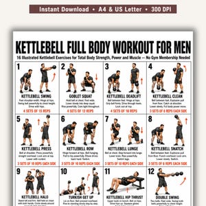 Rutina de ejercicios con pesas rusas para todo el cuerpo para hombres (tabla imprimible), 16 ejercicios ilustrados con pesas rusas en PDF, póster de entrenamiento de fuerza para gimnasio en casa.
