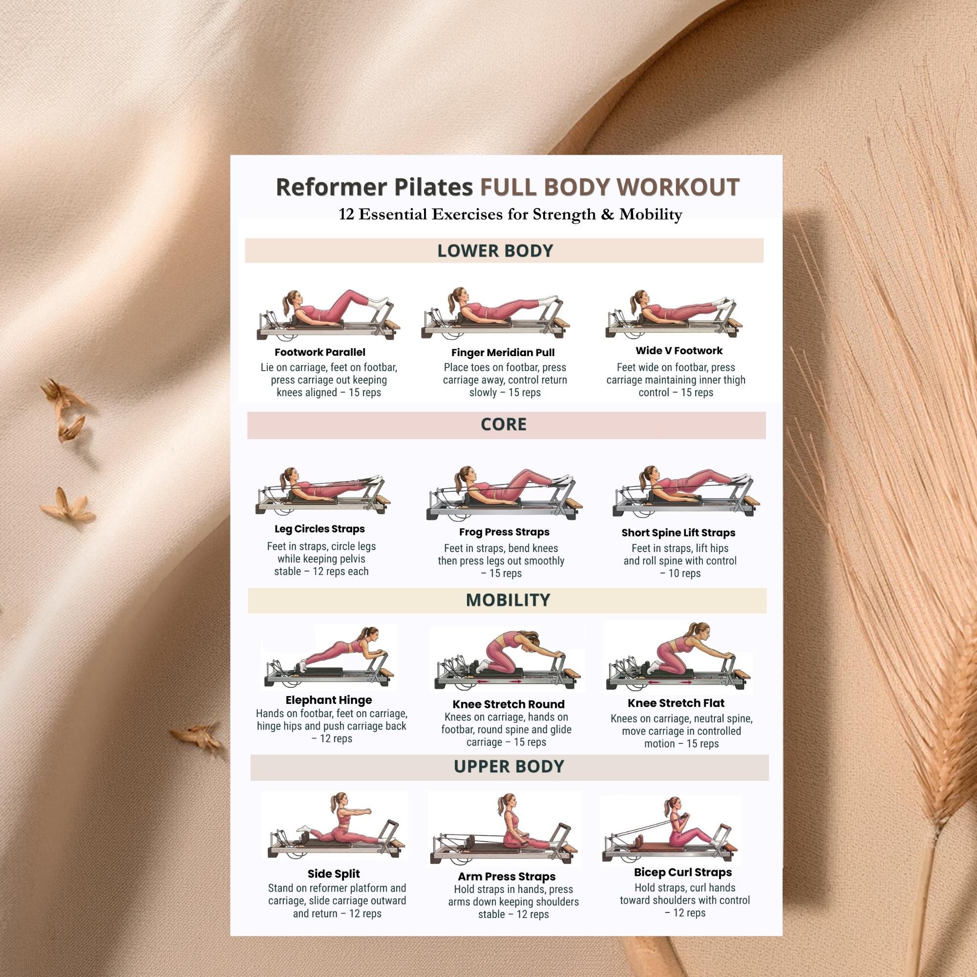 Pilates Reformer Workout Printable PDF, Full Body Pilates Exercises Chart, Strength and Mobility ...