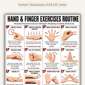 May include: A printable guide titled "HAND & FINGER EXERCISES ROUTINE" with 16 exercises for hand strength and flexibility. The exercises are illustrated with hand diagrams and instructions. Includes text "Instant Download • A4 & US Letter".
