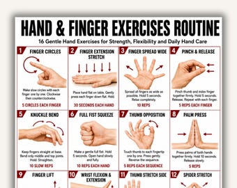 Hand & Finger Exercises Routine Printable PDF | 16 Gentle Hand Exercises for Strength, Flexibility  Daily Care — Chart for Beginners