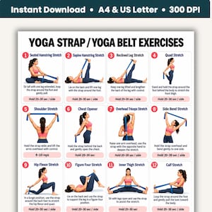 Puede incluir: Un póster instructivo blanco titulado YOGA STRAP / YOGA BELT EXERCISES que presenta doce ilustraciones numeradas de una persona con ropa deportiva rosa usando una correa de yoga azul para realizar varios estiramientos con texto descriptivo.