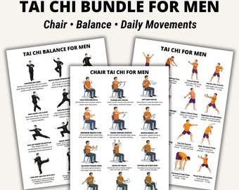 Men Tai Chi Bundle Printable Charts, Chair Tai Chi, Balance Exercises and Daily Movements, Beginner Tai Chi Routine for Men