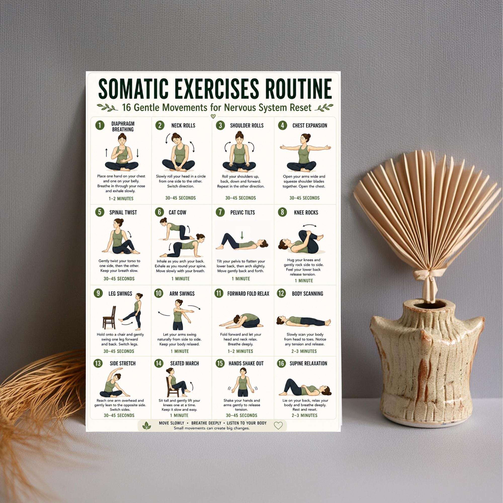 Relaxation Exercise Chart Somatic Exercises Printable Chart, 16 Gentle Movements for Relaxation ...