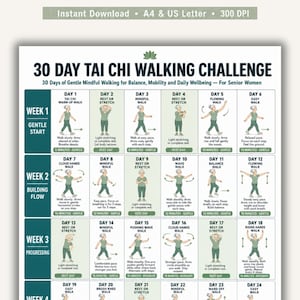 Puede incluir: Una guía imprimible del desafío de caminar Tai Chi de 30 días para el equilibrio, la movilidad y el bienestar diario. La guía está diseñada para mujeres mayores e incluye ejercicios diarios con ilustraciones e instrucciones. Descarga instantánea.