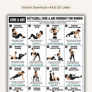 May include: A digital workout chart titled Kettlebell Core & Abs Workout for Women featuring 16 numbered illustrations of exercises. Each section includes a title, a drawing of a person performing the movement with a kettlebell, and instructions.