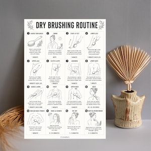 May include: A white poster with a dry brushing routine guide, featuring illustrations and text. The poster is displayed next to a beige vase with a dried palm leaf arrangement. The text includes instructions for each step of the routine.