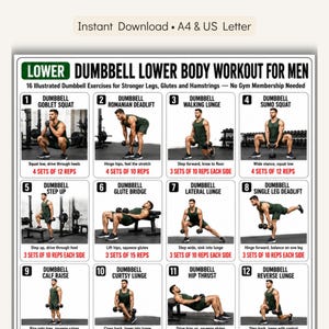 May include: A workout poster titled Dumbbell Lower Body Workout for Men featuring 12 numbered illustrations of exercises with dumbbells. Each section includes the exercise name, instructions, and set/rep counts in black and red text on white.