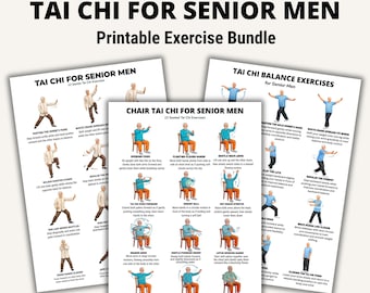 Paquete imprimible de Tai Chi para hombres mayores, 3 pósteres de ejercicios de Tai Chi, Tai Chi en silla, rutina de equilibrio, tabla de ejercicios de Tai Chi