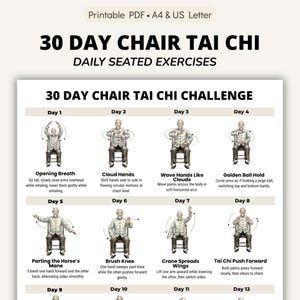 May include: A printable PDF guide for a 30-day chair Tai Chi challenge. The white document features illustrations of seated exercises with instructions. The title text is in a bold, black font. The guide is designed for daily practice.