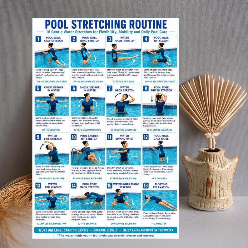 Water Yoga Routine Printable Pool Stretching Routine Printable PDF | 16 Gentle Water Stretches for ...
