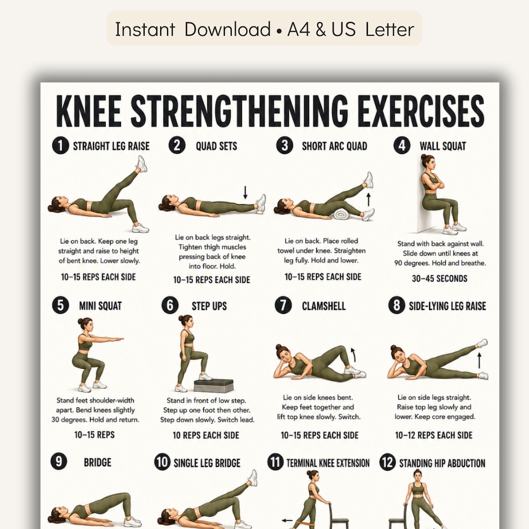 Knee Strengthening Exercises Printable Chart, 16 Gentle Movements for ...