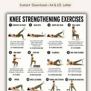 Peut inclure: Un guide imprimable blanc intitulé "Exercices de renforcement des genoux" avec des illustrations de 12 exercices. Les exercices comprennent des levées de jambes droites, des séries de quadriceps, des quadriceps en arc court, des squats muraux, des mini squats, des montées d'escalier, des coquillages, des levées de jambes latérales, des ponts, des ponts à une jambe, des extensions de genoux terminales et des abductions de hanches debout.