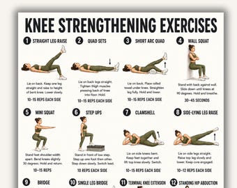 Knee Strengthening Exercises Printable Chart, 16 Gentle Movements for Strong and Stable Knees, Knee Workout PDF Poster