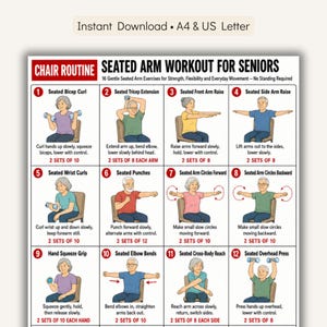 May include: A printable chart titled CHAIR ROUTINE SEATED ARM WORKOUT FOR SENIORS featuring 12 illustrated exercises with instructions. Each numbered box shows a person performing movements like bicep curls, tricep extensions, and arm raises while seated.
