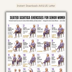 Puede incluir: Un gráfico de ejercicios digital titulado SEATED SCIATICA EXERCISES FOR SENIOR WOMEN, que presenta 16 ilustraciones numeradas de una persona con ropa morada realizando estiramientos sentada en una silla, con texto instructivo.