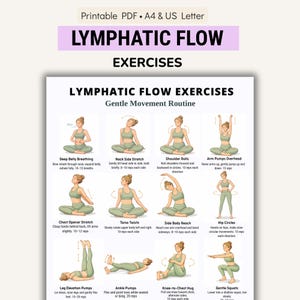 Ejercicios para estimular el flujo linfático (imprimibles), rutina de drenaje linfático, ejercicios de movimiento suave, tabla de ejercicios para todo el cuerpo, póster en PDF.