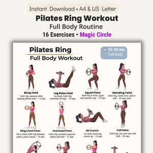 Könnte beinhalten: Pilates Ring Workout Poster mit Übungsillustrationen. Der Text auf dem Poster lautet: "Pilates Ring Full Body Workout" und "16 Übungen". Zu den Übungen gehören Bicep Hold, Leg Raise Hold, Squat Press und Standing Twist.