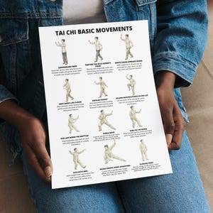Tai Chi basic movements printable chart showing classic forms arranged in a gentle daily routine layout.