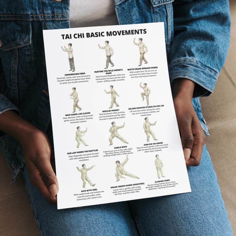 Tai Chi basic movements printable chart showing classic forms arranged in a gentle daily routine layout.