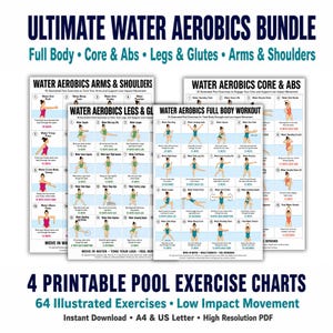 Puede incluir: Un paquete de cuatro tablas de ejercicios imprimibles titulado Ultimate Water Aerobics Bundle. Cada tabla presenta 16 ejercicios de piscina ilustrados para brazos, hombros, core, abdominales, piernas, glúteos y cuerpo completo con instrucciones.