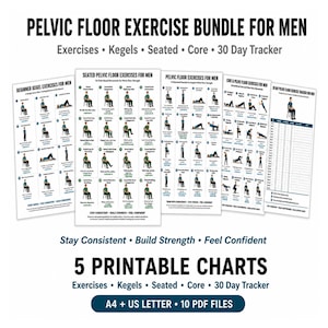May include: A bundle of five printable charts for pelvic floor exercises, including beginner kegels, seated movements, core exercises, and a 30-day tracker. The white charts feature black text and illustrations of figures performing exercises.