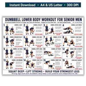 Dumbbell Lower Body Workout for Senior Men Printable, 16 Illustrated Dumbbell Exercises PDF, Legs Glutes Hamstrings Senior Men
