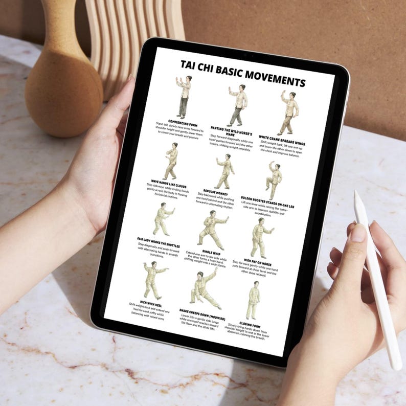 Tai Chi basic movements printable chart showing classic forms arranged in a gentle daily routine layout.