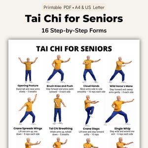 May include: A printable PDF guide titled "Tai Chi for Seniors" with 16 step-by-step forms. The guide features illustrations of Tai Chi poses, including Opening Posture, Brush Knee and Push, and Crane Steps. The text is in a bold, easy-to-read font.