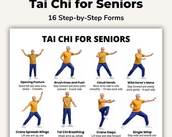 Tabla imprimible de Tai Chi para personas mayores, Formularios de Tai Chi en PDF para personas mayores, Rutina de Tai Chi para personas mayores, Póster de Tai Chi imprimible