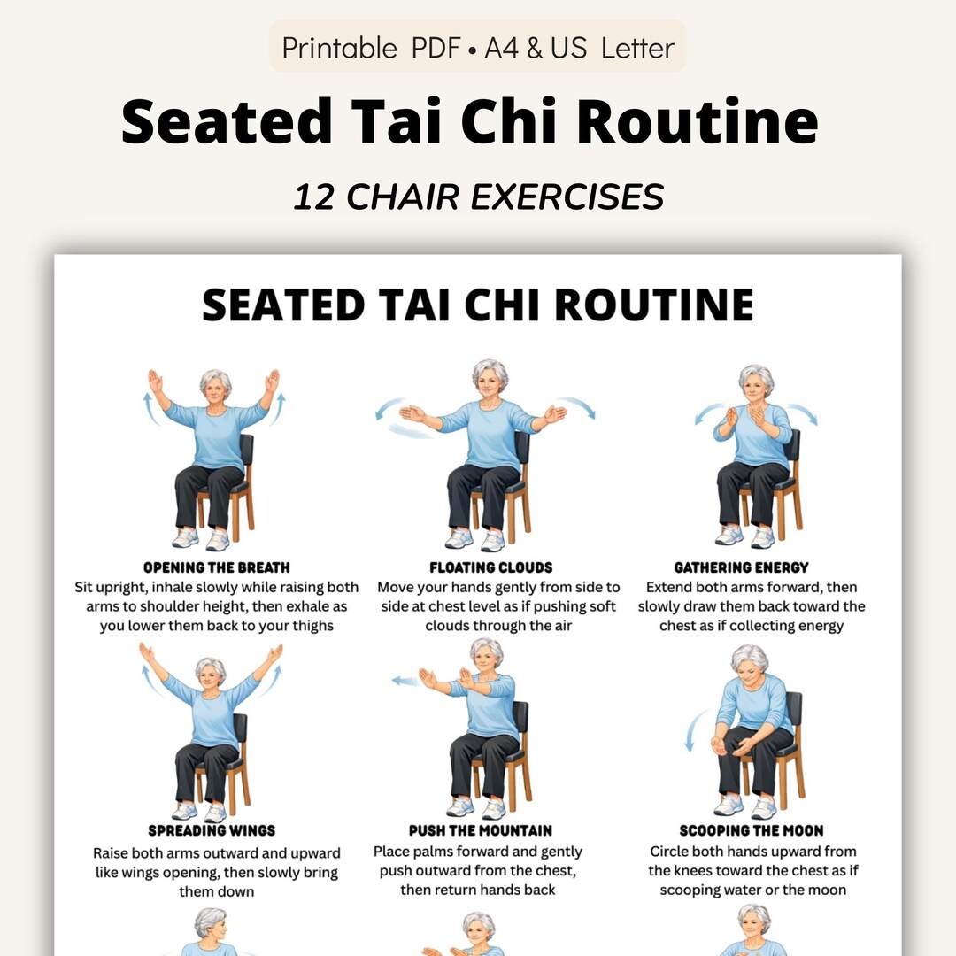 Seated Tai Chi Routine Printable Chart Chair Tai Chi Exercises Poster 