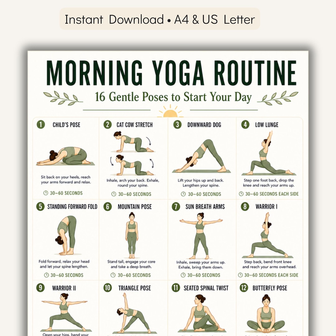 Morning Yoga Routine Printable Chart, 16 Gentle Poses to Start Your Day ...