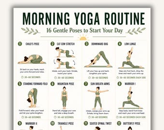 Morning Yoga Routine Printable Chart, 16 Gentle Poses to Start Your Day, Beginner Yoga PDF Poster