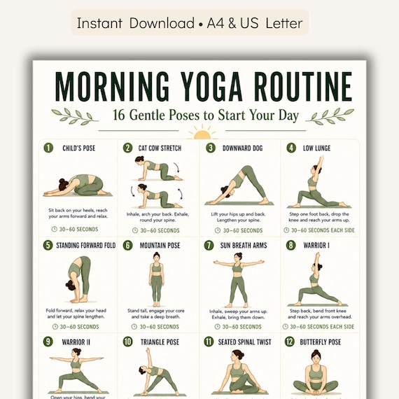 Morning Yoga Routine Printable Chart, 16 Gentle Poses to Start Your Day, Beginner Yoga PDF Poster