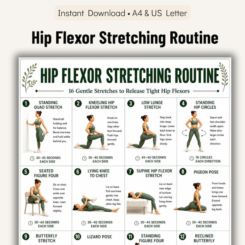 Hip Flexor Stretching Routine Printable Chart, 16 Gentle Stretches to ...