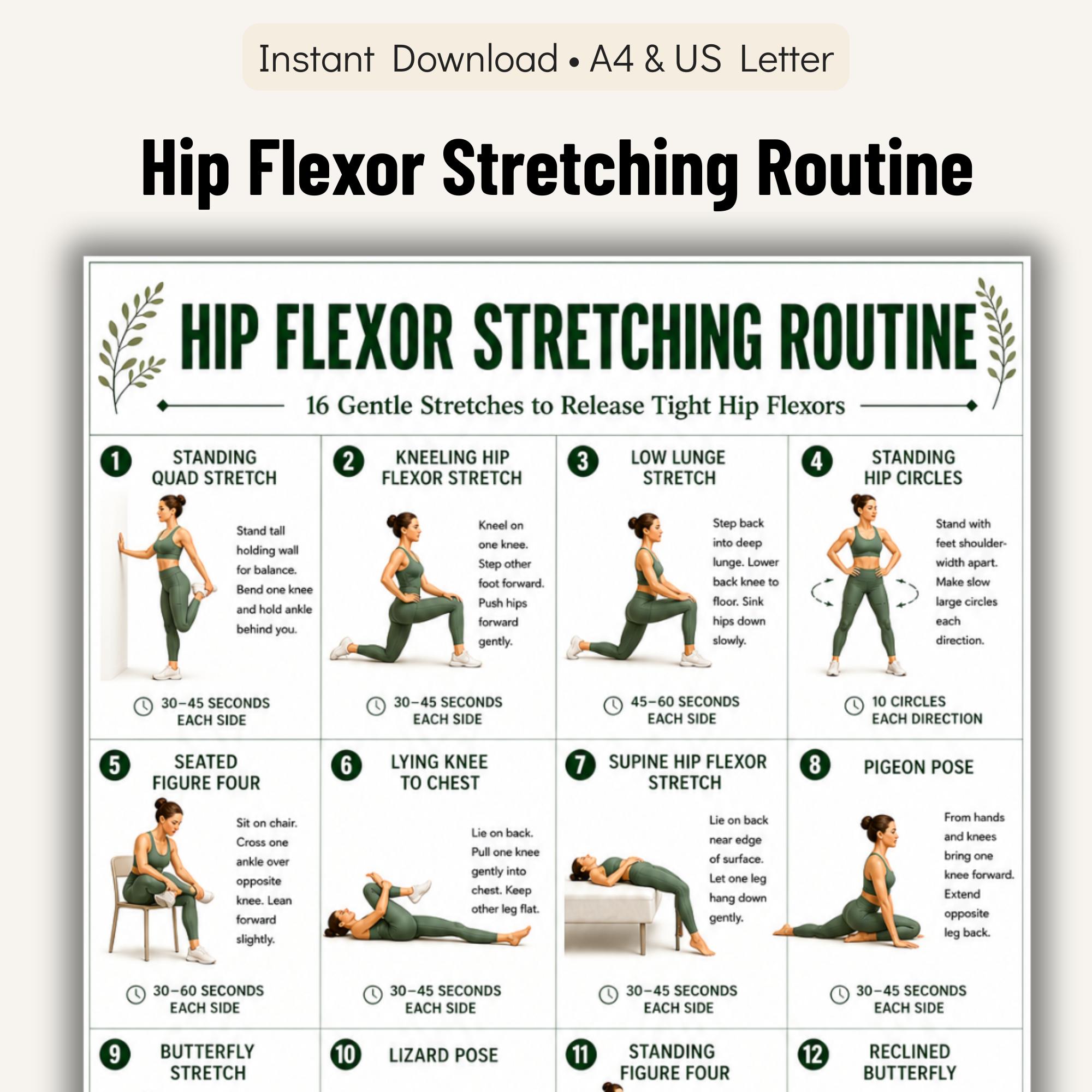 Hip Flexor Stretching Routine Printable Chart, 16 Gentle Stretches to ...