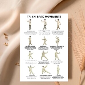 Tai Chi basic movements printable chart showing classic forms arranged in a gentle daily routine layout.