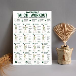 May include: A white poster titled "Low Impact Tai Chi Workout" with 16 gentle movements for balance, flexibility, and daily movement. The poster features illustrations of each movement and is displayed next to a beige vase with a decorative fan.