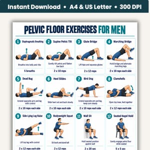 May include: A digital instructional chart titled Pelvic Floor Exercises for Men, featuring twelve numbered illustrations of a person performing various physical movements. Each section includes the exercise name, instructions, and repetition counts.