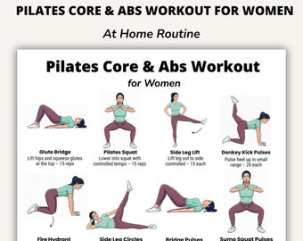 Pilates Core and Abs Workout for Women Printable Chart, At Home Ab Exercises, Beginner Friendly Core Routine, Fitness, Daily Workout