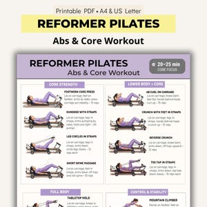 Könnte beinhalten: Druckbare PDF-Trainingsanleitung für Reformer Pilates, mit Schwerpunkt auf Bauchmuskeln und Rumpf. Der Leitfaden enthält illustrierte Übungen mit Anweisungen, darunter Footwork Core Press, Hundred with Straps und Leg Circles in Straps. Das Training dauert 20-25 Minuten.