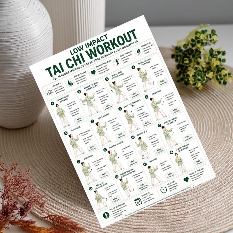 May include: A white printed sheet with the text "LOW IMPACT TAI CHI WORKOUT" and illustrations of Tai Chi movements. The sheet is on a beige surface, with decorative vases and greenery in the background.