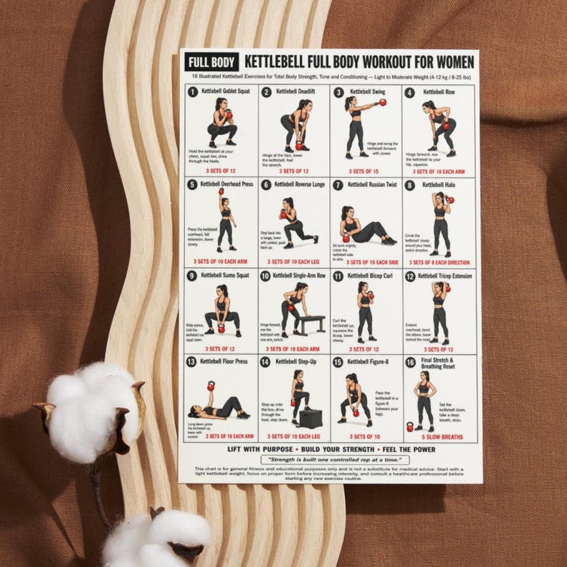 Puede incluir: Un p&oacute;ster rectangular blanco titulado Kettlebell Full Body Workout for Women que presenta diecis&eacute;is ilustraciones numeradas de ejercicios con pesas rusas rojas, texto instructivo y conteo de series, impreso en tinta negra y roja.