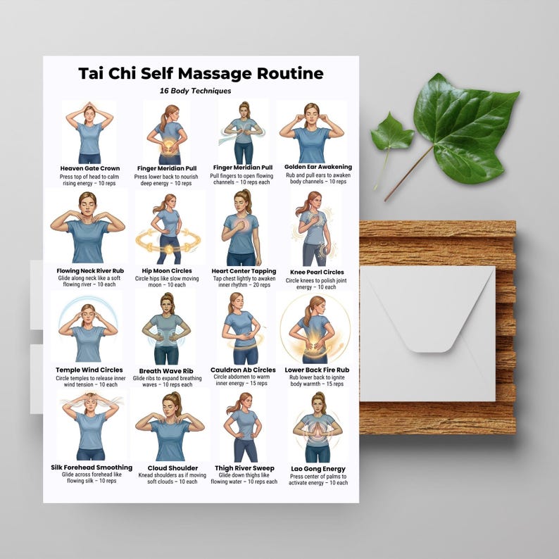 Tai Chi self massage routine printable showing energy flow exercises and gentle movement chart for daily practice