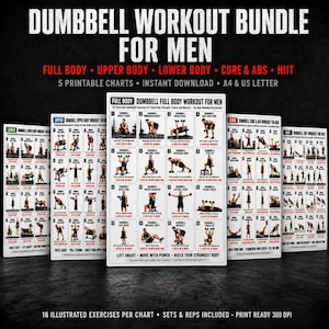 Kurzhantel-Trainingspaket für Männer, 5 druckbare Übungsdiagramme, PDF, Ganzkörper-Upper-Lounter-Core-HIIT-Heim-Fitnessstudio-Trainingsplan, A4 US Letter